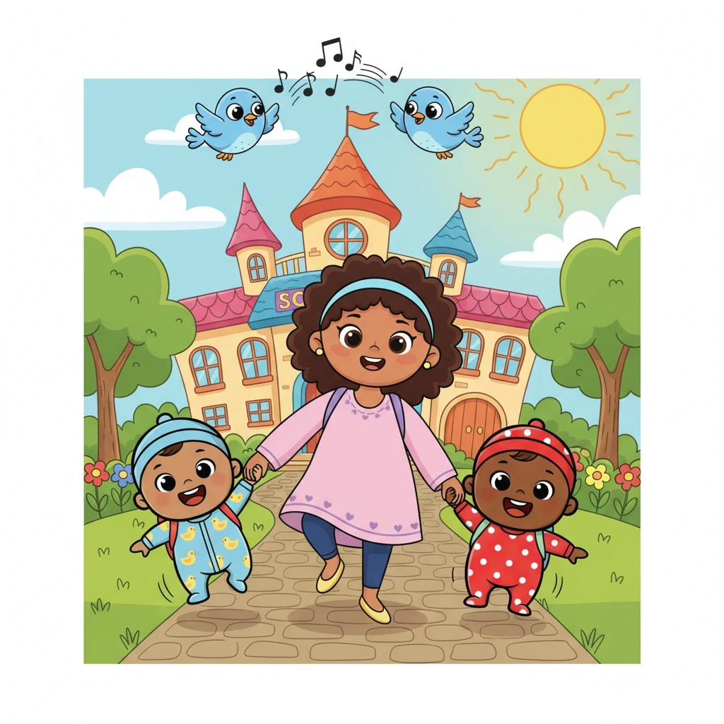 Mama Grace holds hands with her three energetic preschoolers, skipping cheerfully towards a vibrant, fantastical school building. Their backpacks bounce as they go, and the sun shines down on their happy faces. Birds with big, friendly eyes fly overhead, chirping a happy tune.