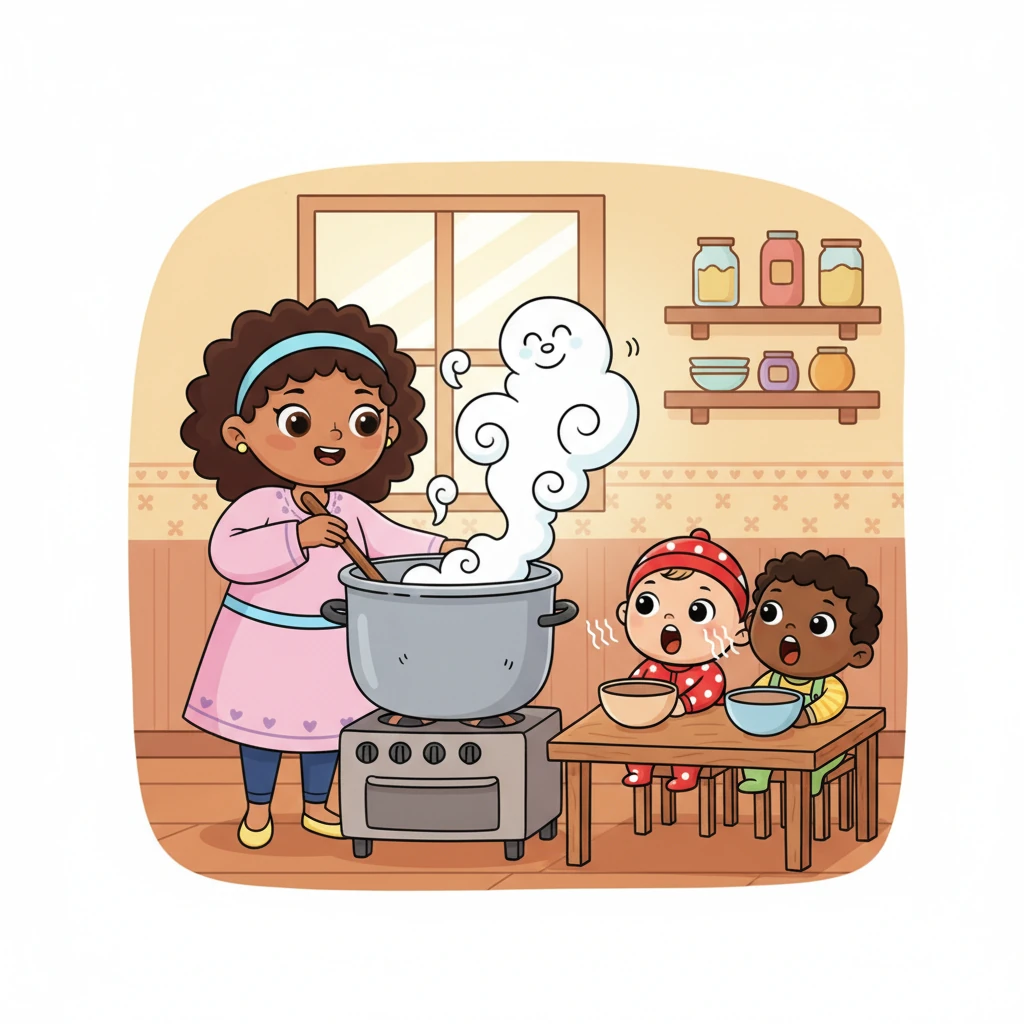 The kitchen glows with warmth as Mama Grace stirs a giant pot, steam swirling into fun shapes. Her three hungry children, now a bit older, sit eagerly at a table with cartoonishly large bowls, their eyes wide with anticipation. Delicious aromas fill the air, making their tummies rumble.