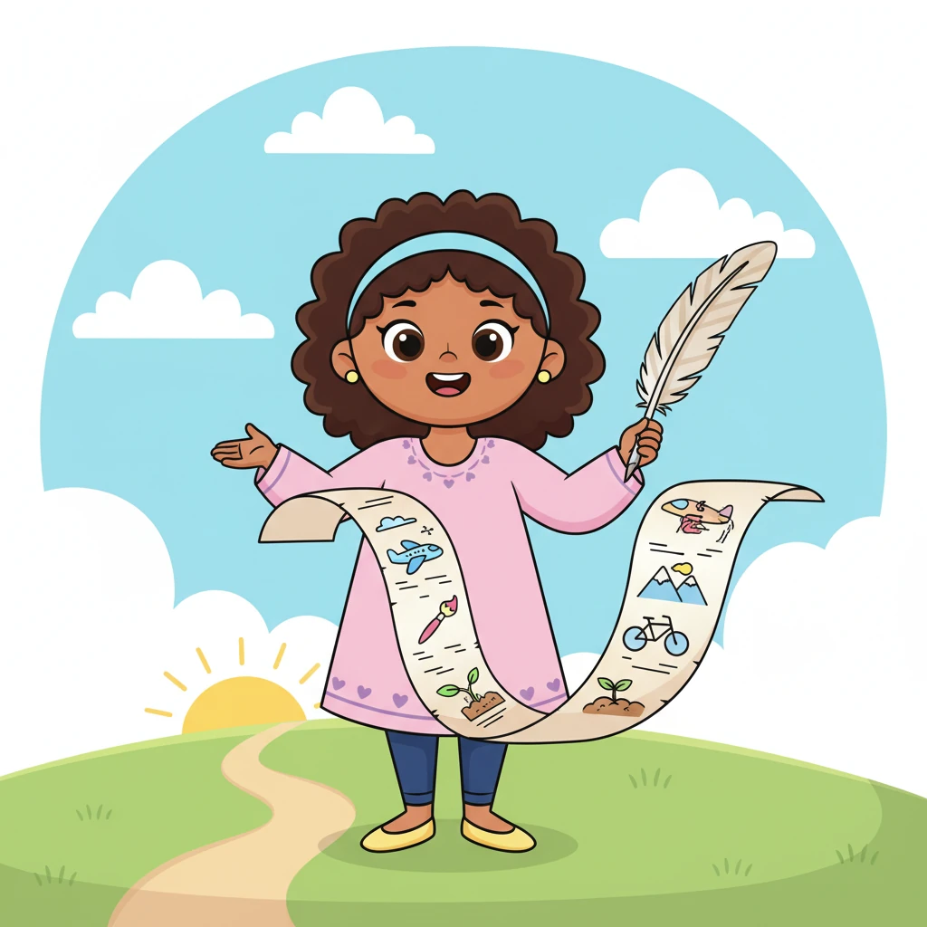 A sparkle returns to Mama Grace's eyes! She stands tall, a determined yet joyful expression on her face, making a list of exciting new possibilities for herself. The list unfurls like a playful scroll, filled with doodles of adventures and dreams. Her posture is dynamic and hopeful, ready for anything.