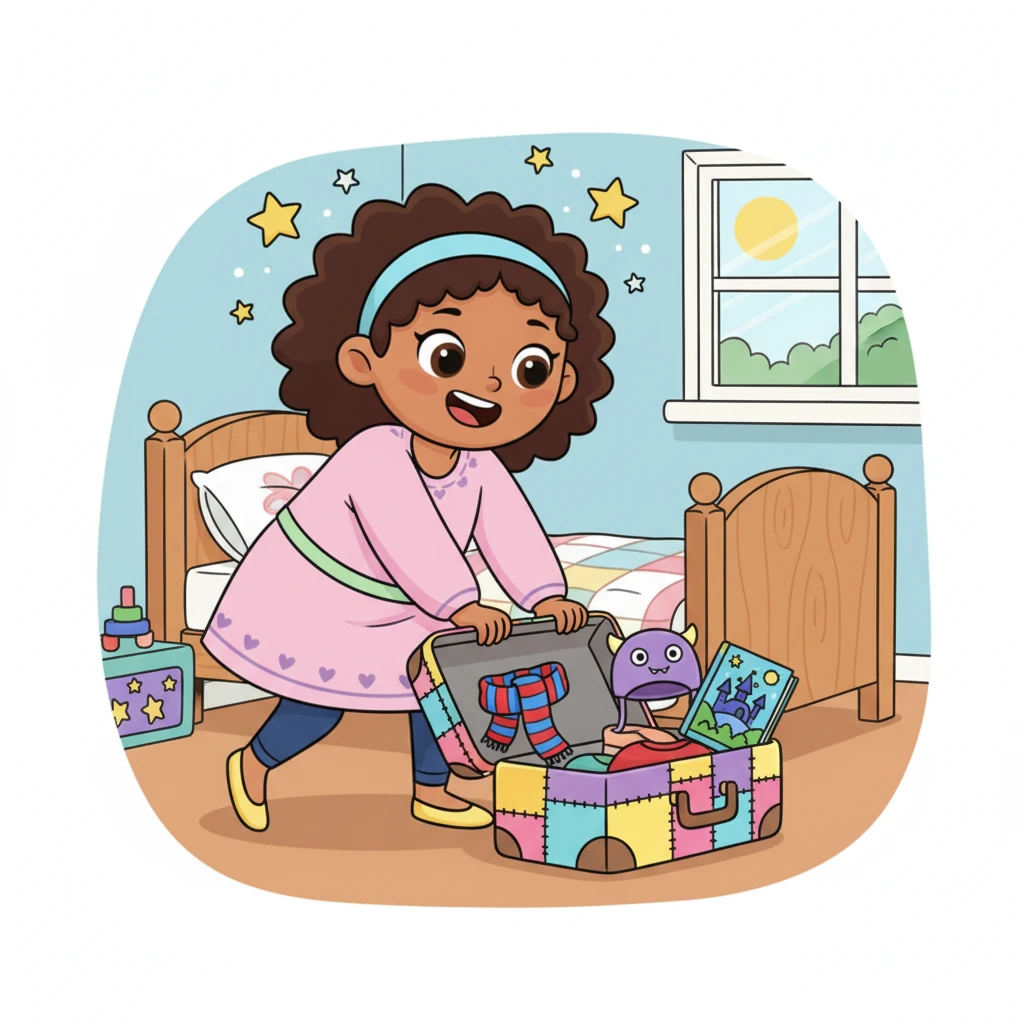 With a flourish, Mama Grace pulls a brightly colored suitcase from under her bed. She packs it with a few playful essentials – a striped scarf, a quirky hat, and a book with a fantastical cover. Her excitement is palpable, with little stars twinkling around her as she plans her escape.