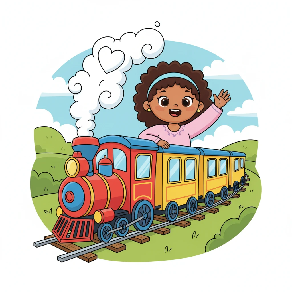 Mama Grace, radiating pure joy, waves goodbye from the window of a cheerful, old-fashioned train, its steam puffing out playful shapes. The train chugs along a track that winds through rolling green hills and past fluffy clouds. She's off on a brand new adventure!