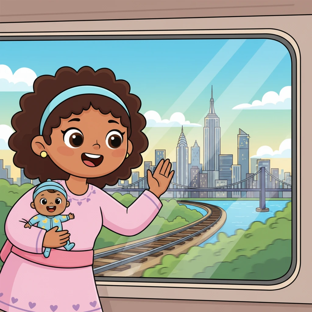 The train speeds along, heading towards a magnificent, cartoonish skyline of New York City, visible in the distance. Mama Grace leans forward, her eyes wide with wonder and a huge, adventurous smile. Her new chapter is just beginning, full of bright lights and endless possibilities.