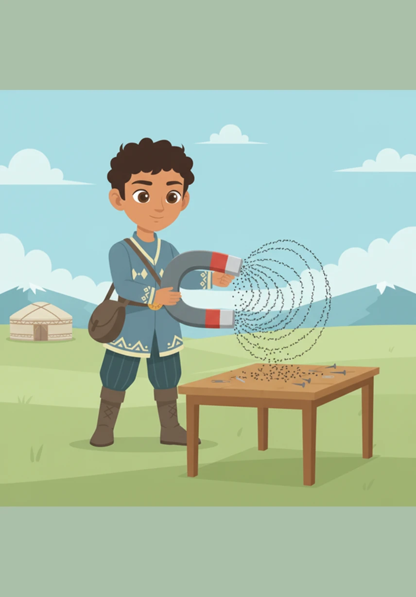 Арман қолына үлкен магнит алып, оның көрінбейтін күшімен темір заттарды қалай тартатынын бақылады. Магнит өрісінің айналасындағы металл қиыршықтары әдемі өрнектер құрап, оны таң қалдырды.