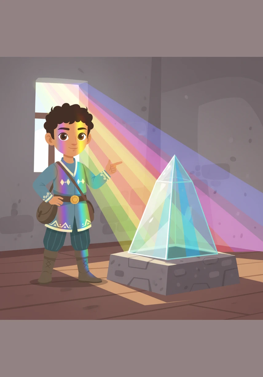 Ол алып шыны призманың жанына келіп, күн сәулесінің одан өткенде жеті түрлі түске бөлінгенін көрді. Жарықтың сынуы бүкіл бөлмені кемпірқосақ түстеріне бояп, нағыз сиқыр орнатты.