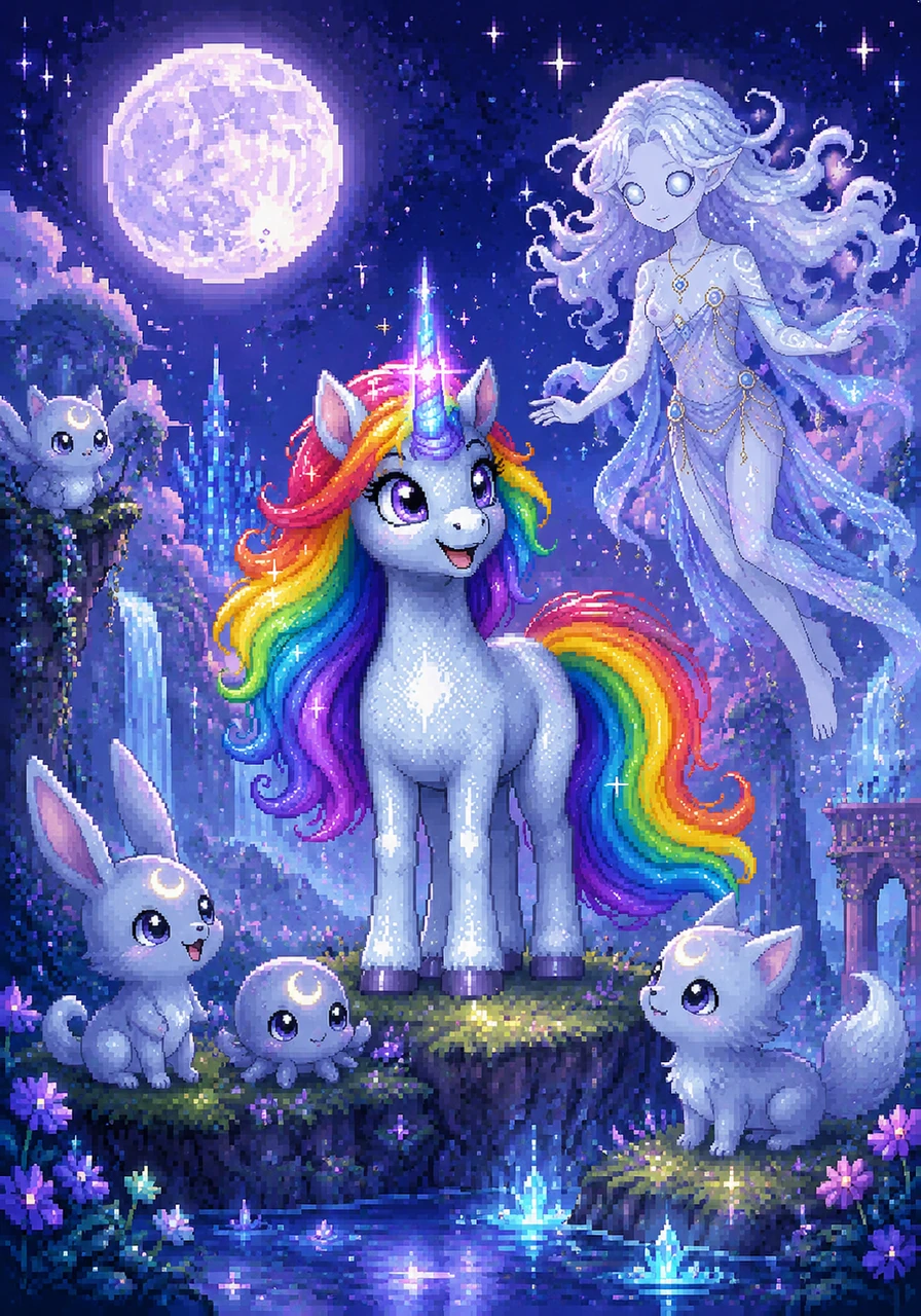 Deep in a magical land hidden far beyond the fluffy clouds, there lived a truly special unicorn named Luna. She possessed a shimmering silver coat, a mane that flowed like a rainbow, and a horn that sparkled with the brilliance of a thousand distant stars.