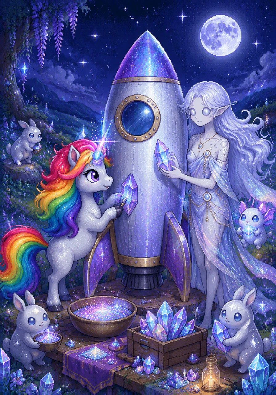 With a brave heart and a wish as bright as her glowing horn, Luna gathered magical stardust and rare moon crystals from the meadows. She carefully crafted a shining rocket, ready to carry her on an extraordinary voyage into the great unknown.