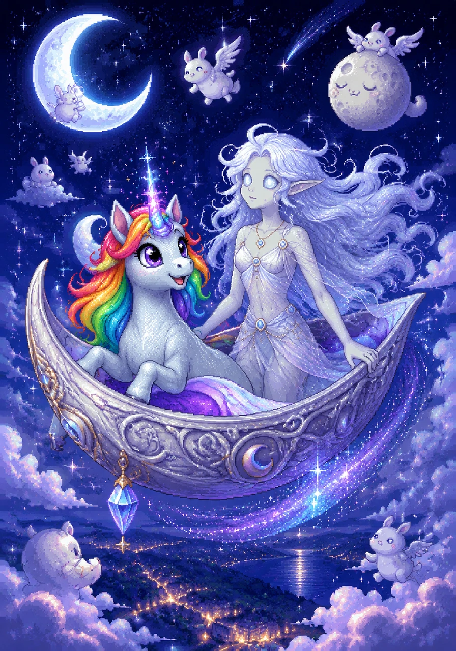 Stepping inside her vessel, Luna took a deep breath and felt the gentle lift as she soared into the velvet night sky. The clouds fell away beneath her hooves, and the world below became a tiny, twinkling memory as she ascended toward the heavens.