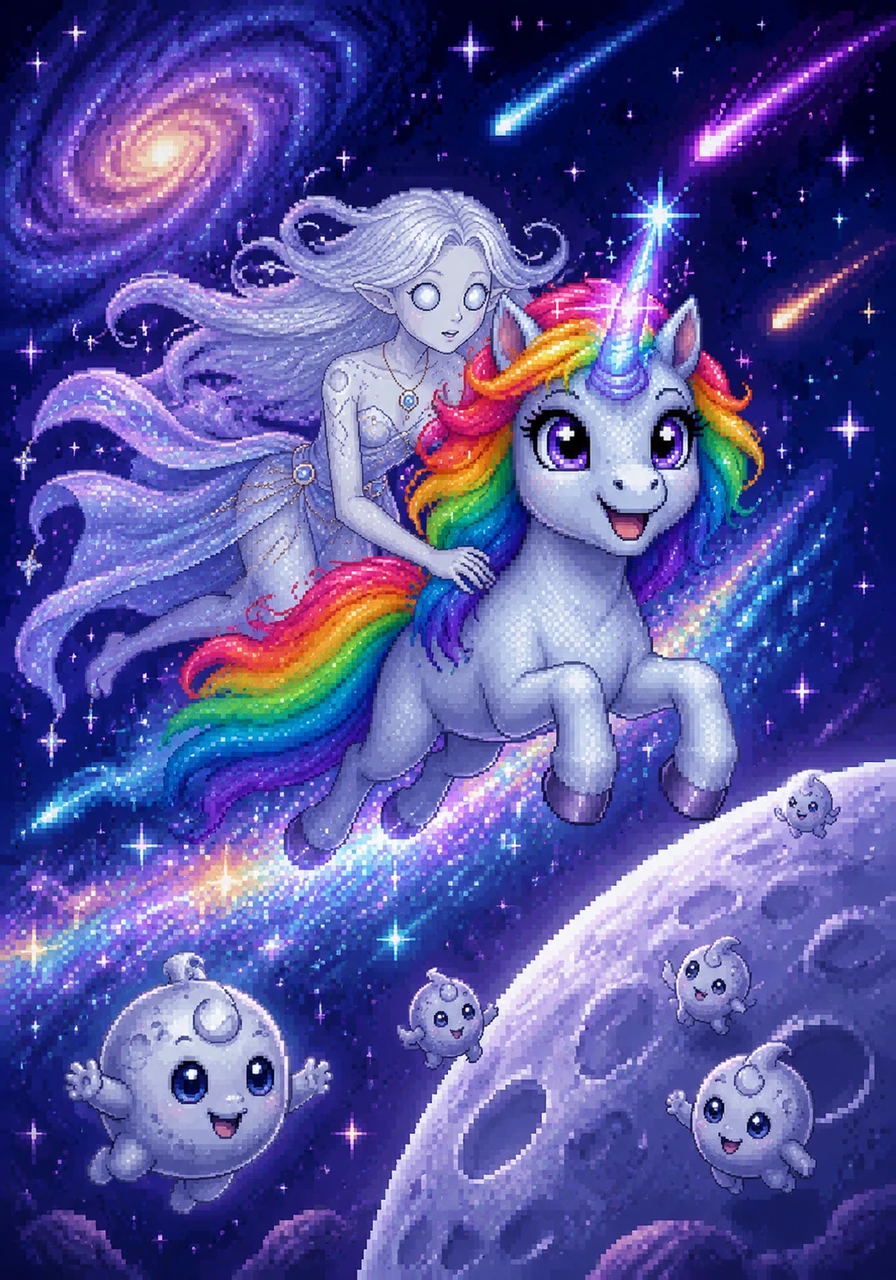 Her journey through the cosmos was a breathtaking dance of light, surrounded by swirling comets and vibrant, blinking stars. Luna remained fearless and wide-eyed, marveling at the vast beauty of the universe as she zoomed toward her lunar destination.
