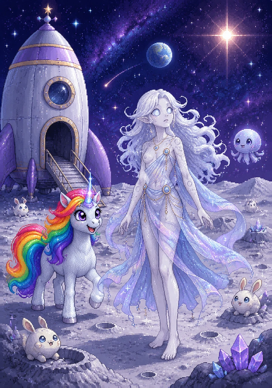 After a long and glittering voyage, Luna finally touched down on the gray, cratered surface of the moon. She stepped out of her rocket, feeling light as a feather, and marveled at the quiet, alien landscape that shimmered under the distant sun.