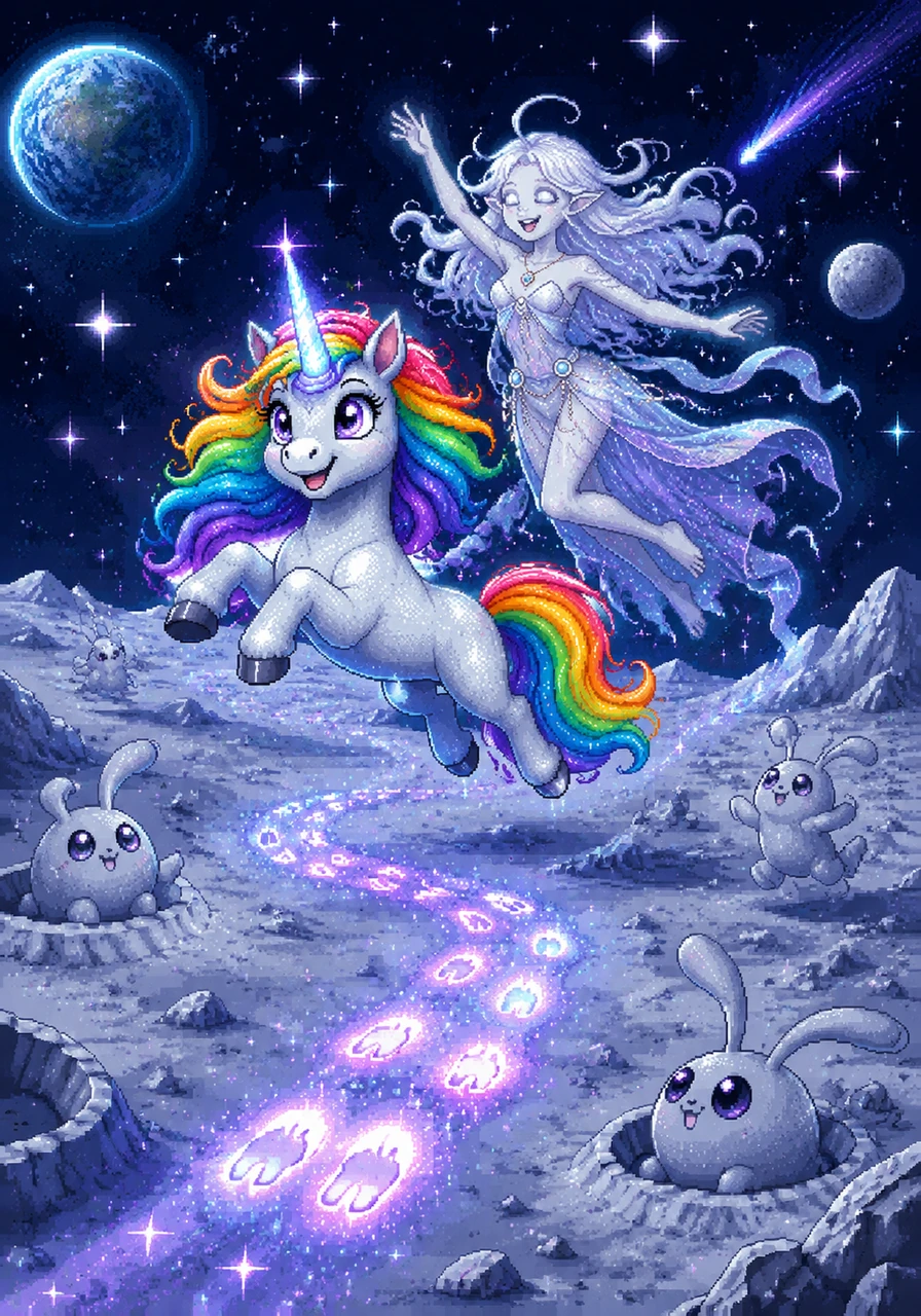 The low gravity allowed Luna to bounce and dance across the lunar dust, leaving behind glowing, magical footprints that traced her path. She laughed with delight as she leaped high into the air, feeling as free as the comets she had passed on her journey.