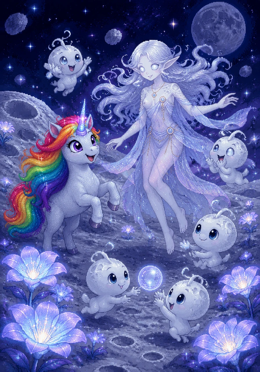 While exploring, Luna discovered beautiful moon flowers that glowed softly in the darkness, illuminating the craters around her. She soon met friendly, gentle moon creatures who welcomed her with joy, playing games with her in the weightless environment.
