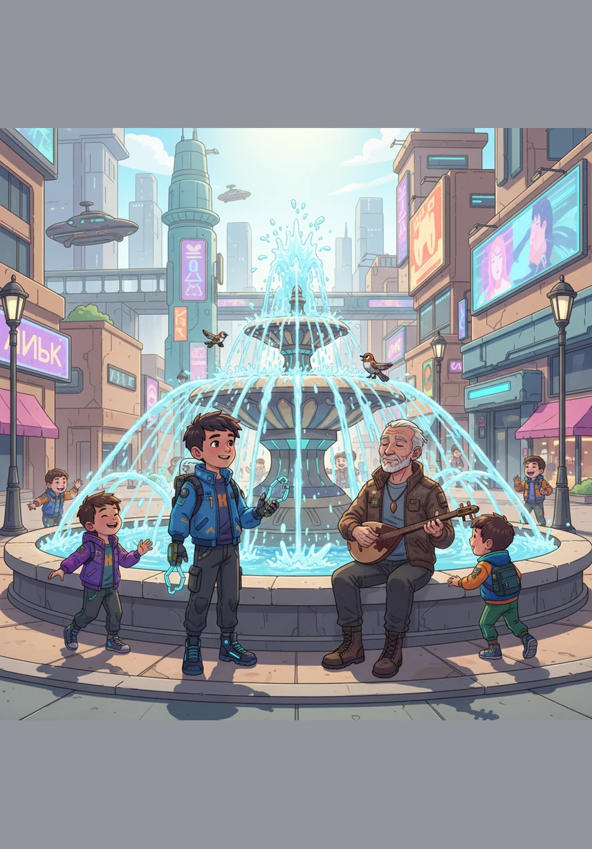 Midday finds the boy by a sparkling central fountain, where cool water splashes provide a refreshing break from the summer heat. The laughter of children and the chirping of birds create a joyful symphony in this hospitable corner of the world.