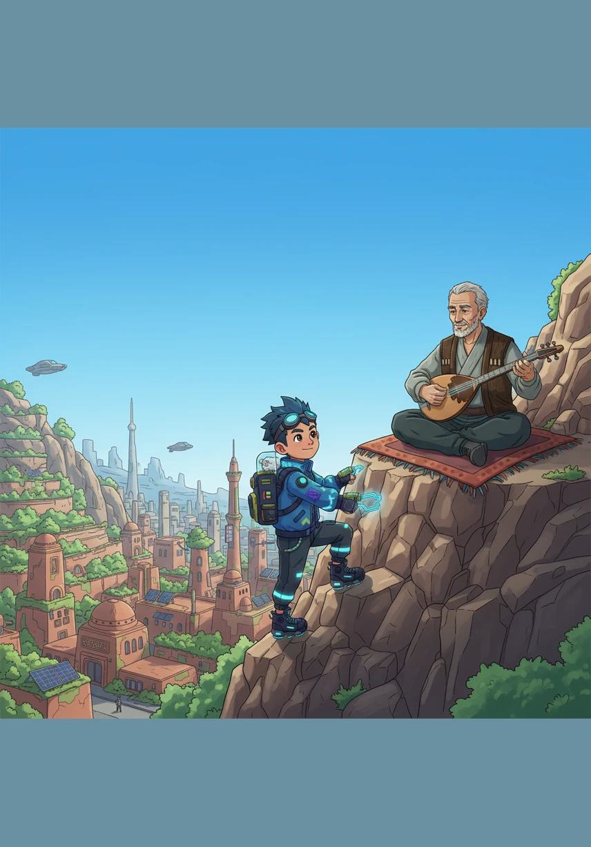 The boy climbs the Ayub-Tau hill to see the city from a bird's-eye view. Below him lies a tapestry of homes, gardens, and minarets nestled in greenery under an endless, brilliant blue sky.