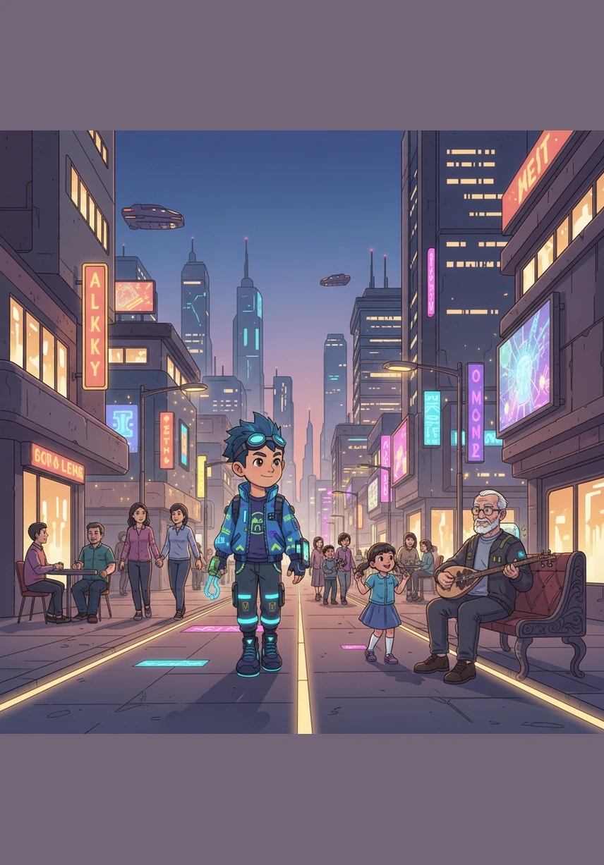 As twilight falls, the city lights up with thousands of twinkling lamps, creating an atmosphere of pure magic. Aibek strolls along the main avenue, watching families enjoy the peaceful and cozy evening together.