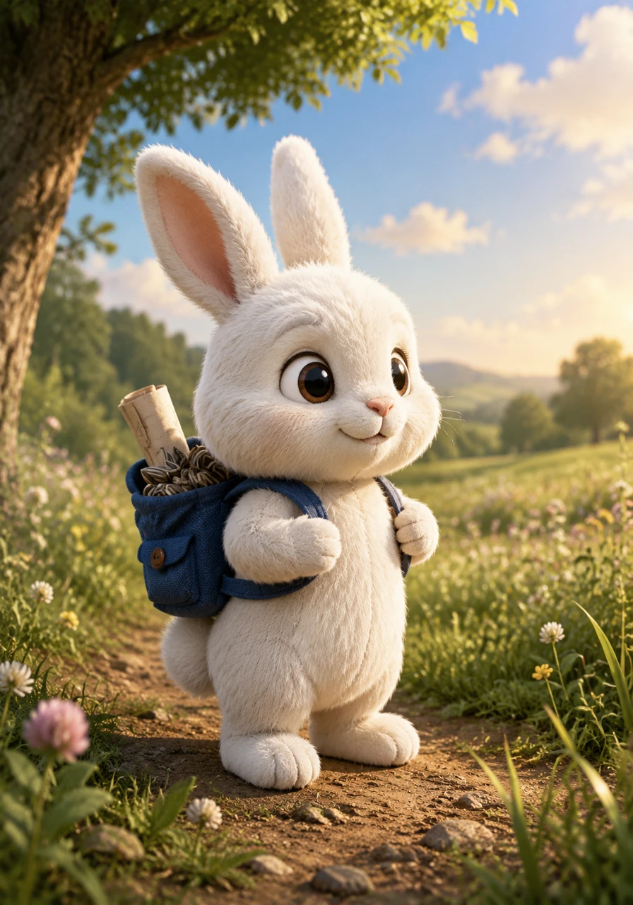 Kiko, a small, white rabbit with large, determined eyes, stood at the edge of Clover Meadow, his fluffy tail twitching with excitement. He adjusted his tiny blue knapsack, filled with sunflower seeds and a rolled-up map, ready to begin his great adventure.