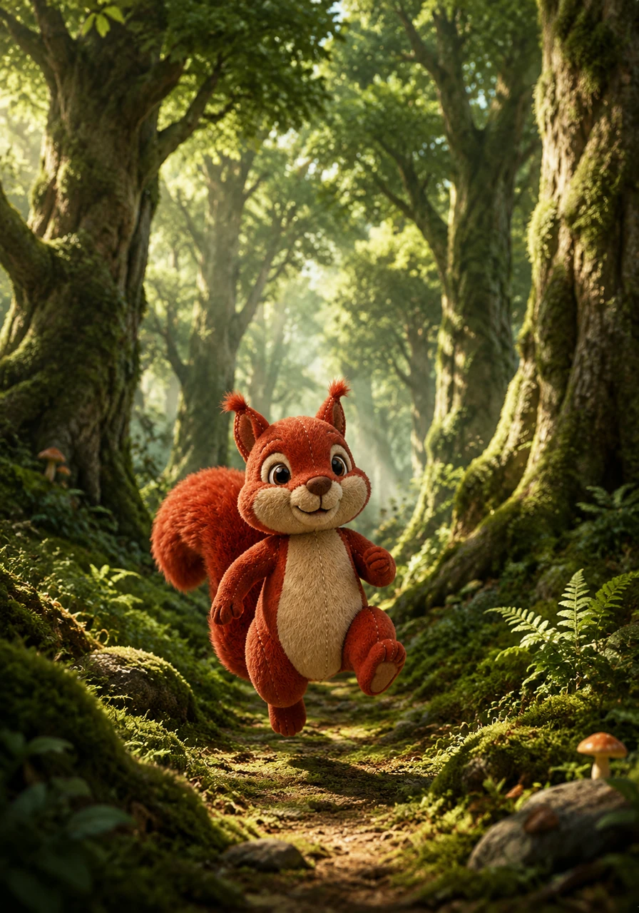 The journey led him into the whispering Great Forest, where ancient trees stretched towards the sky like giant green umbrellas. Sunlight dappled the mossy path, creating dancing patterns of light and shadow as Kiko hopped bravely along.
