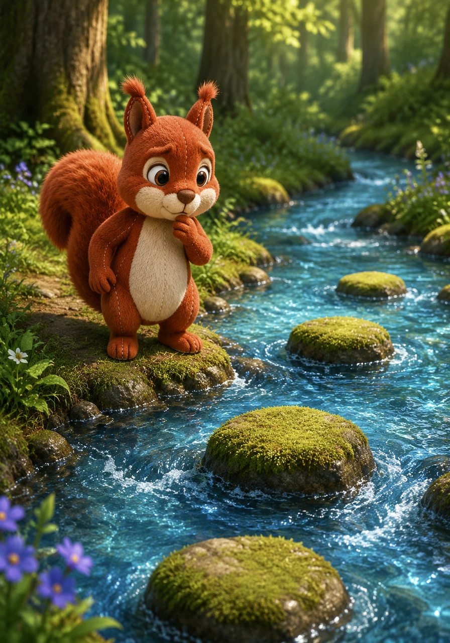 He soon arrived at the crystal-clear Bluebell Stream, but the stepping stones were too far apart for tiny bunny paws. Kiko looked puzzled, wondering how he could possibly cross this sparkling, rushing challenge.