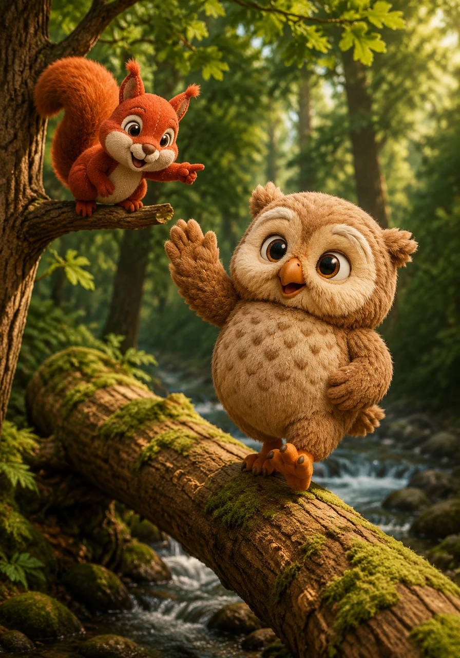 A friendly red squirrel named Pip chattered from a low branch and pointed to a sturdy, fallen log nearby. Kiko beamed with gratitude, carefully balancing his way across the makeshift bridge, waving goodbye to his helpful new friend.