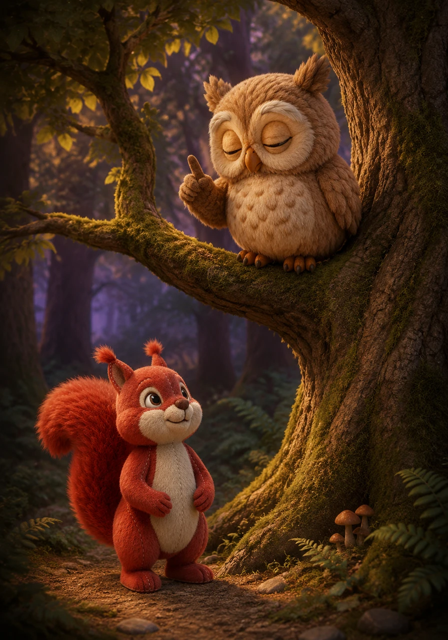 Deep in the forest, where the light began to fade, Kiko encountered Old Man Owl, who was dozing peacefully on a high branch. Kiko politely asked for directions, and the wise owl, blinking slowly, shared a secret shortcut to the Whispering Willow.