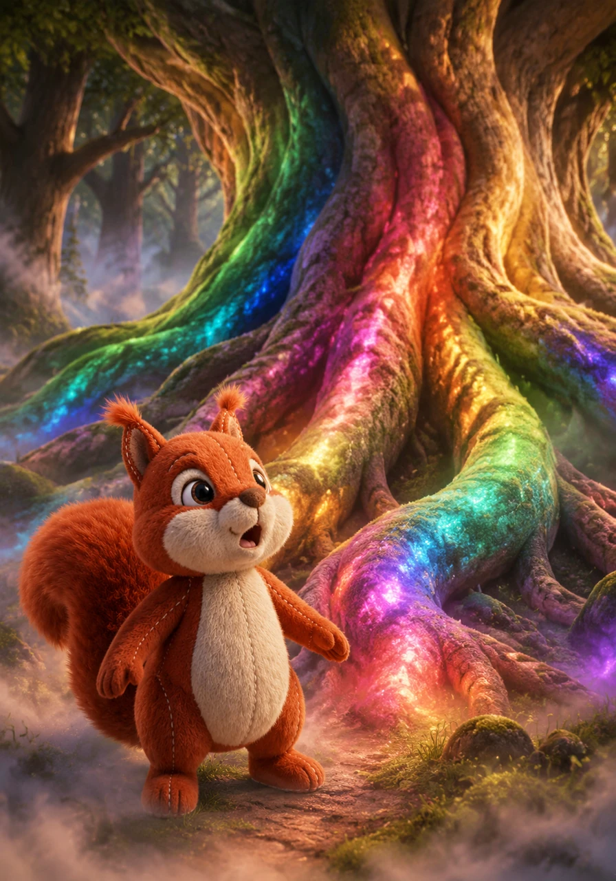Emerging from the mist, he stumbled upon the strange, glowing roots of the Rainbow Tree, which pulsated with every color imaginable. Kiko gasped in awe, feeling a renewed sense of wonder and strength in this magical place.