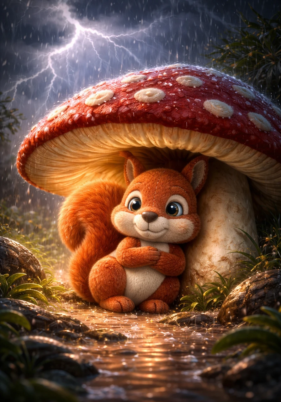 His courage was truly tested when a sudden summer storm unleashed dramatic, rolling thunder and bright flashes of lightning. Seeking shelter beneath a large, red-spotted mushroom, Kiko huddled cozily, listening to the rain tap-dance on his giant umbrella.