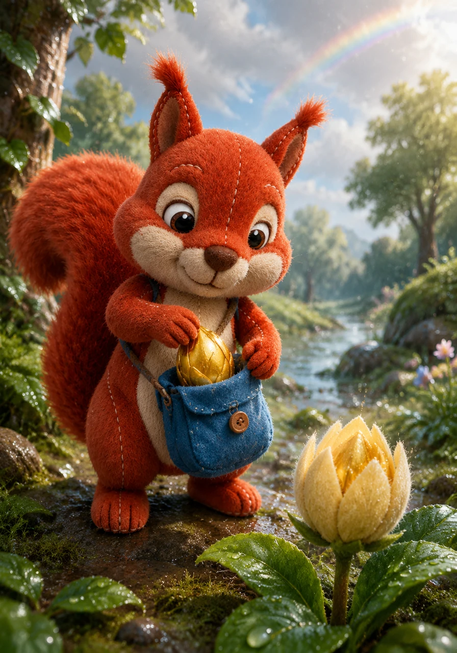After the rain cleared, leaving everything sparkling and fresh, Kiko finally found the rare Sunpetal Seed he had been searching for, gleaming golden inside a beautiful, half-opened bud. He carefully tucked the precious treasure into his little blue knapsack.