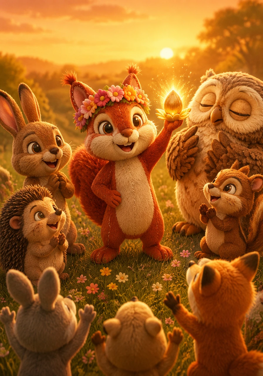 As the golden sun began to set, casting long, warm shadows across the land, Kiko returned to Clover Meadow as a true hero. Surrounded by his cheering friends, he wore a colorful flower crown and shared the magical Sunpetal Seed, bringing joy to everyone.