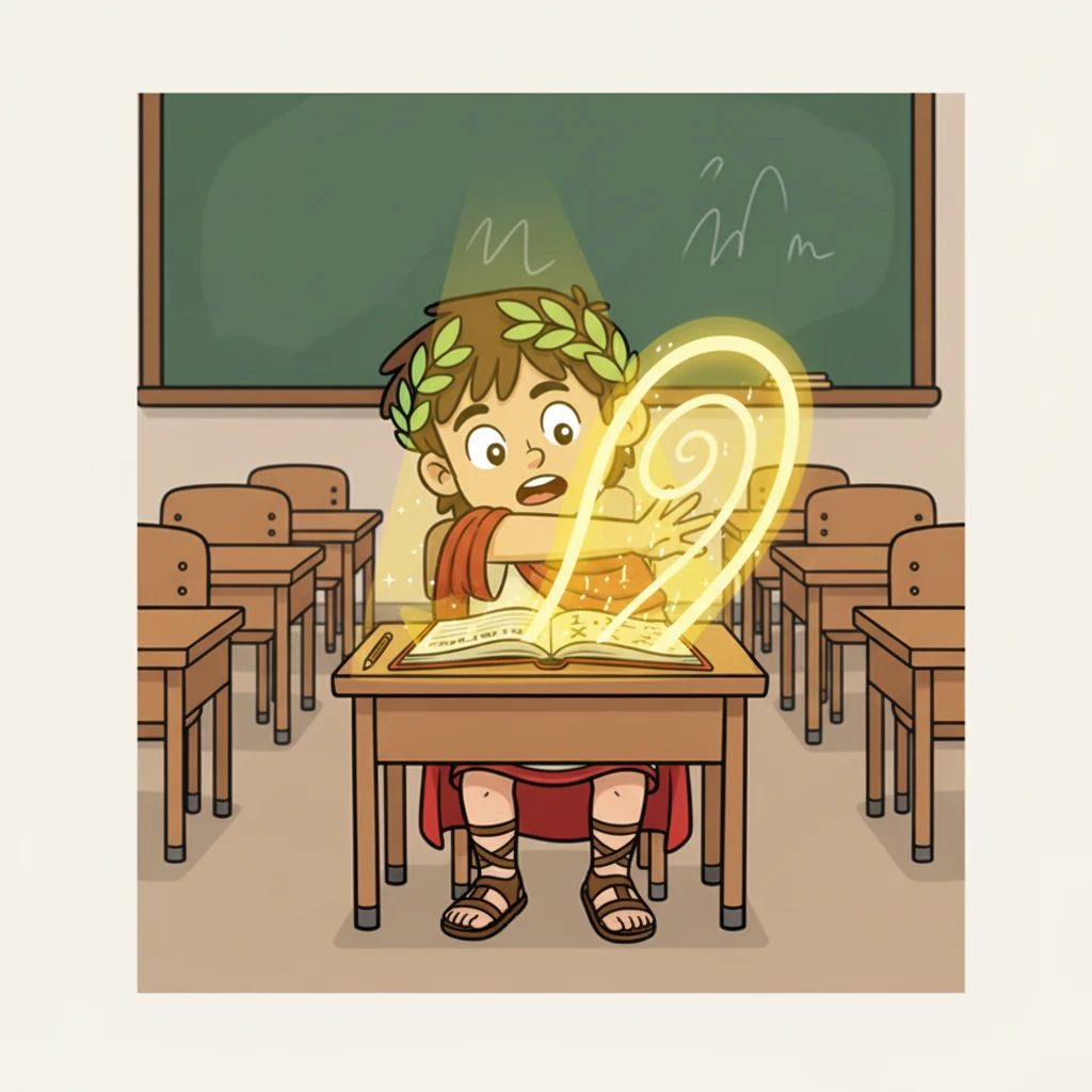 Najednou se z učebnice zvedne slabé, zlatavé světlo, které se promění v malý, vířící portál. Filip, překvapený a zvědavý, se pomalu natáhne a portál ho vtáhne dovnitř, zanechávajíc za sebou jen prázdnou lavici.