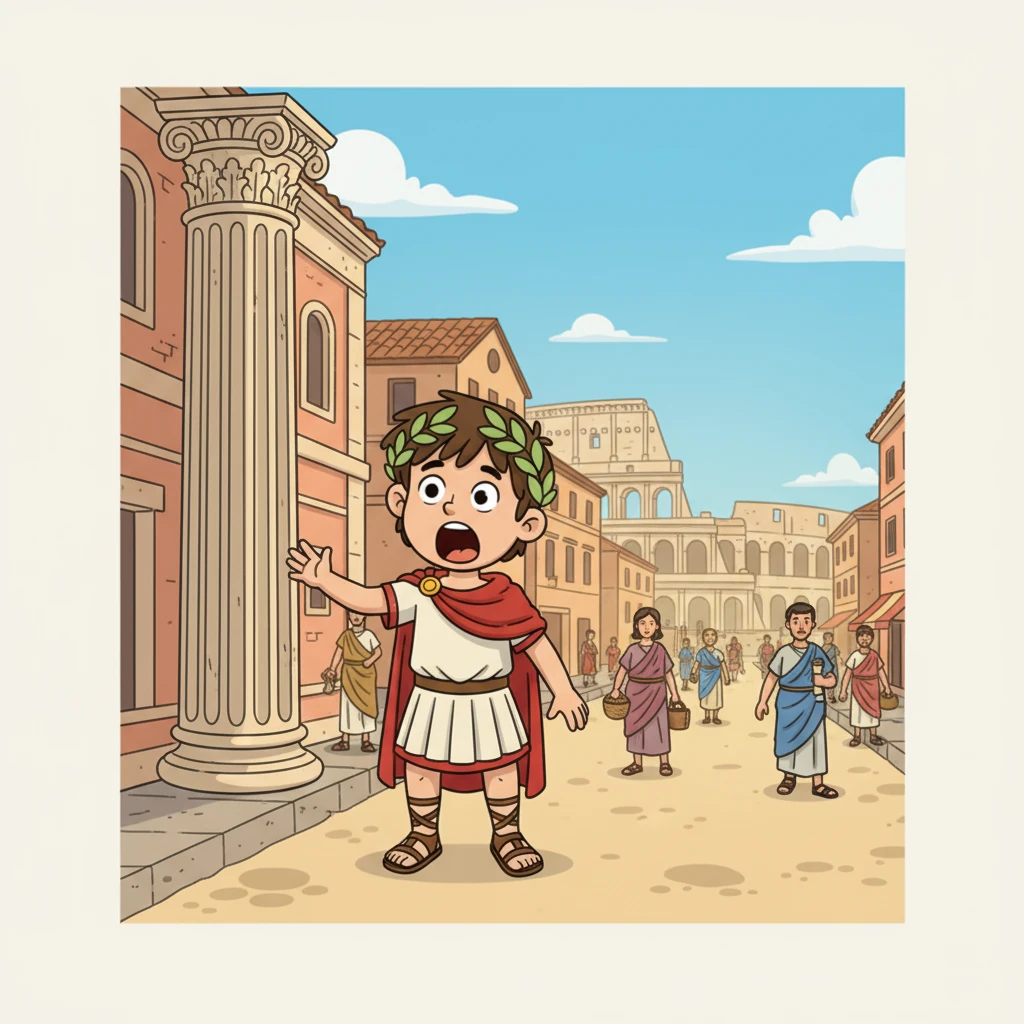 Filip se ocitá uprostřed rušného starověkého Říma. Kolem něj se tyčí majestátní budovy, v dálce je vidět obrovské Koloseum, a všude kolem se prohání lidé v tógách. Úžasem mu spadne čelist, když si prohlíží neznámé, ale nádherné okolí.