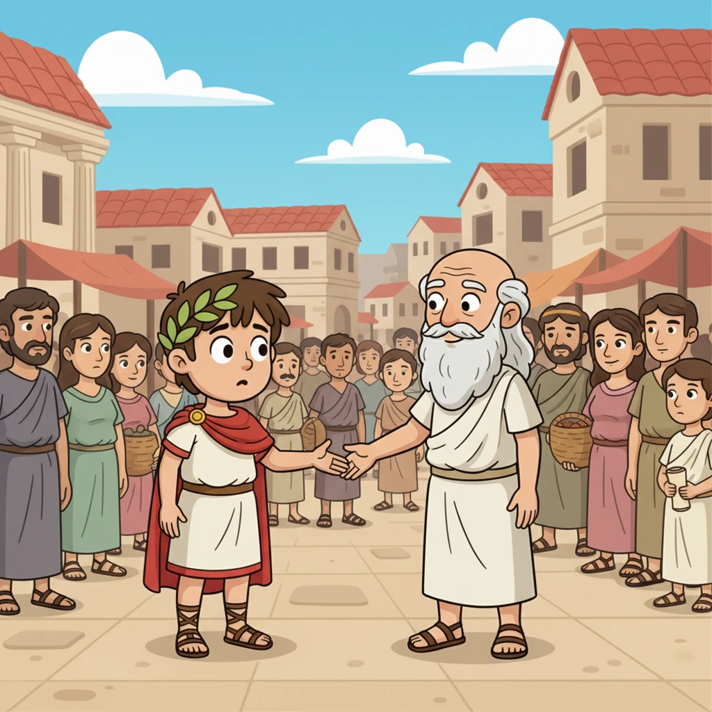 Mezi davy se k němu přiblíží laskavý starší muž s plnovousem, oblečený v bílé tóze, a usměje se. Je to učitel jménem Lucius, který si všimne Filipova zmateného výrazu. Lucius mu přátelsky podá ruku a nabídne se, že ho provede městem.