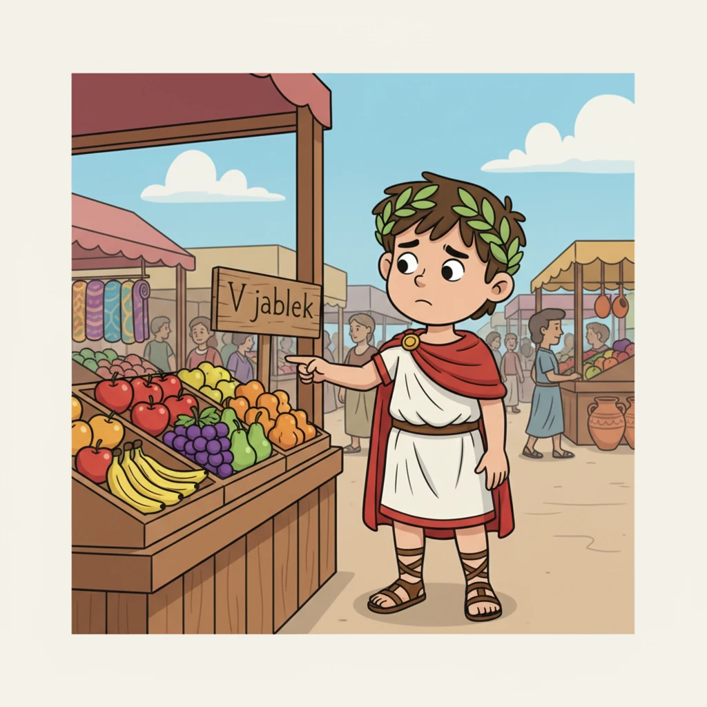 Lucius zavede Filipa na živý trh, kde obchodníci prodávají ovoce, látky a keramiku. Na každém stánku jsou cedulky s cenami, ale místo arabských číslic jsou na nich římské. Filip se snaží rozluštit nápisy jako 'V jablek' nebo 'X mincí za látku', ale stále tápe.