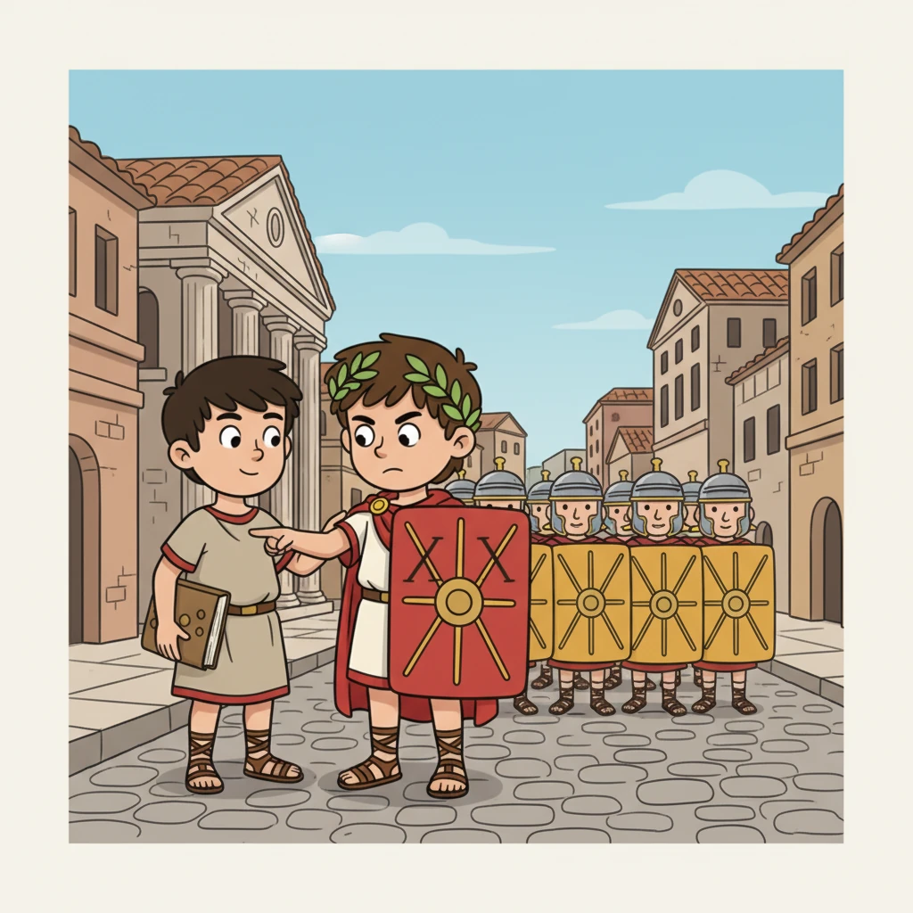 Dále na ulici Filip spatří skupinu římských vojáků, kteří pochodují v dokonalé formaci. Lucius mu ukáže na štít jednoho z nich, kde je vyryto číslo. Filip se snaží spočítat vojáky a porovnat je s římskými číslicemi, které si pamatuje z učebnice.