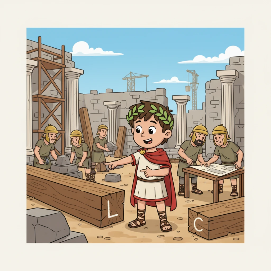 U stavby nového chrámu vidí Filip římského stavitele, jak ukazuje na plány a hovoří s dělníky. Na zemi leží trámy, na kterých jsou křídou označena čísla, například 'L' a 'C'. Filip si uvědomuje, že římské číslice se používají i pro míry a rozměry.