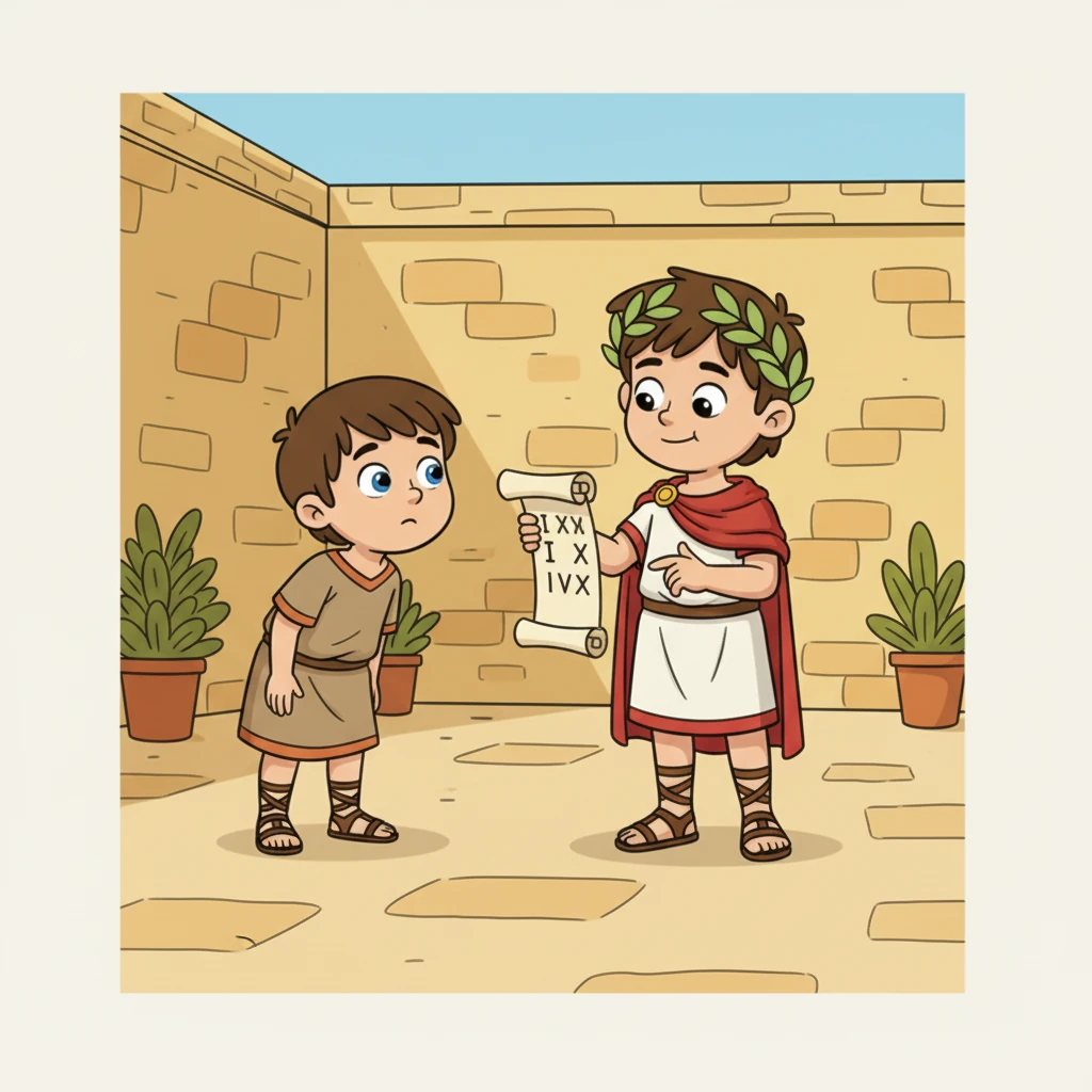 Lucius si všimne Filipovy snahy a vytáhne svitek papyru. Na něm má napsané pravidla římských číslic, jako je 'I = 1', 'V = 5', 'X = 10', a vysvětluje mu, jak se sčítají a odečítají. Filip pozorně poslouchá a na jeho tváři se objevuje pochopení.