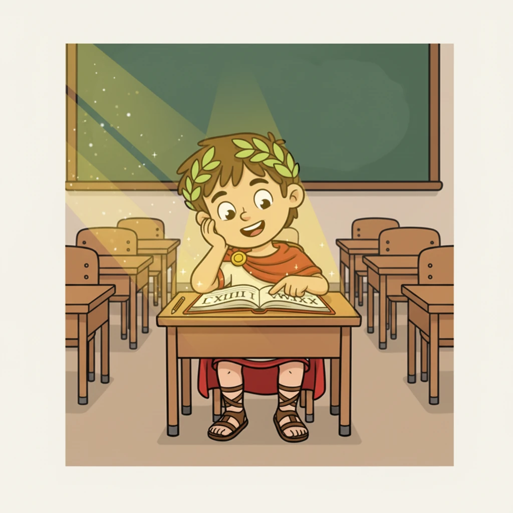 Filip se probouzí zpátky ve své lavici, slunce stále dopadá na stránku učebnice. Tentokrát se však neusmívá na prázdno, ale na římské číslice, které nyní chápe. Jeho dobrodružství mu dalo nový pohled na historii a čísla, a on se už těší na další hodinu dějepisu.