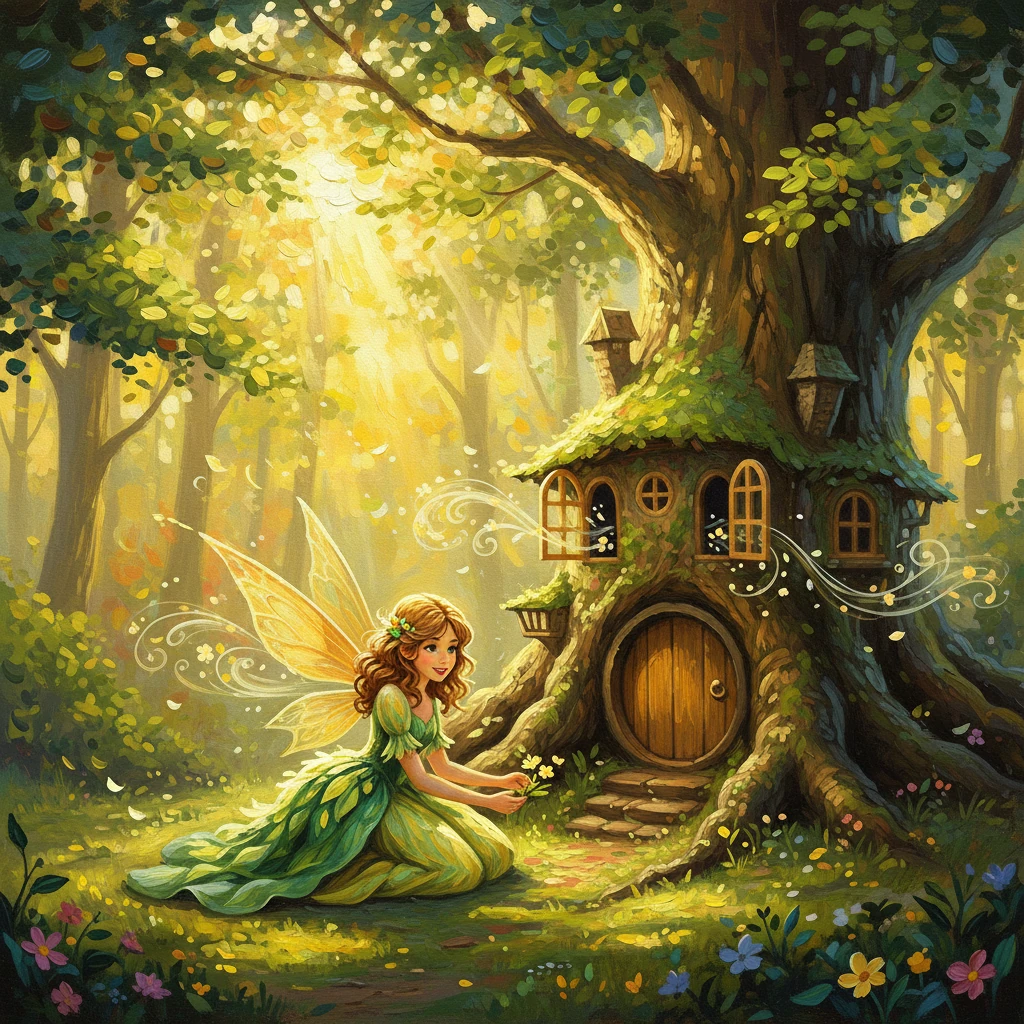 Nel cuore di un grande bosco verde, illuminato da raggi dorati che filtravano tra le foglie, viveva Fata Serena. I suoi capelli castani incorniciavano un viso con occhi verdi e un sorriso luminoso come il sole, mentre indossava un vestito verde e giallo, come i prati in fiore. La sua piccola casetta, con una porticina rotonda e finestre sempre aperte, accoglieva i profumi dolci della primavera.