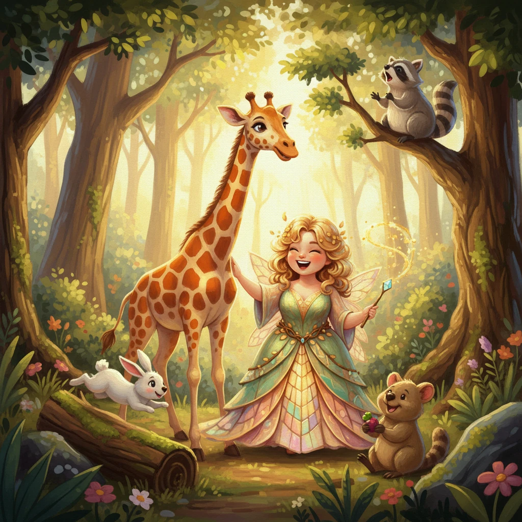 Serena non era mai sola; le sue giornate erano piene di risate e giochi con i suoi amici animali. C'era Ninella la giraffa vivace, Perla la coniglietta saltellante, Pepper il procione canterino e Nestor il divertente quokka. Insieme, esploravano il bosco, le loro allegre voci risuonavano tra gli alberi secolari.