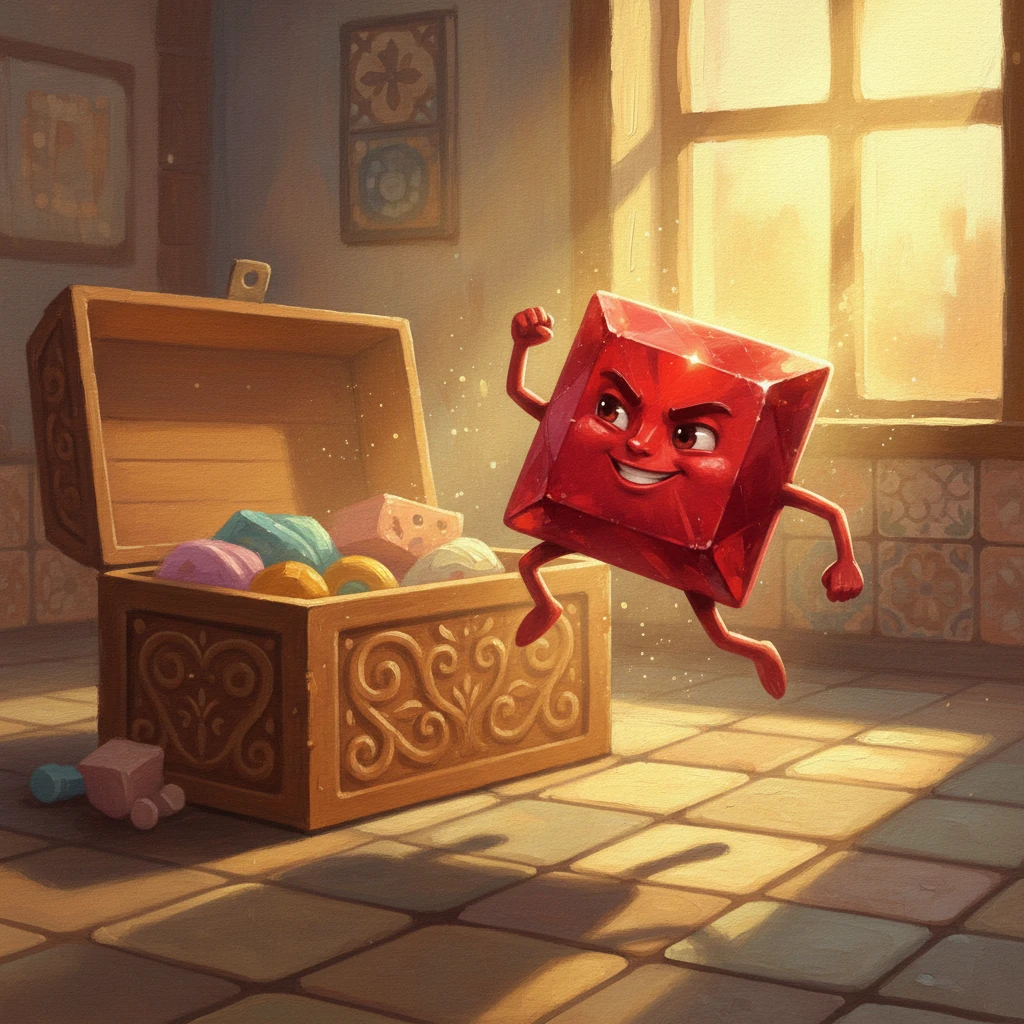 Con un piccolo balzo, il primo a saltare fuori dalla scatola fu il Quadrato. Fiero, annunciò di avere quattro lati tutti uguali e quattro angoli perfetti. "Posso diventare una finestra robusta o una piastrella solida per il pavimento", esclamò, brillando di un rosso deciso sotto la luce.