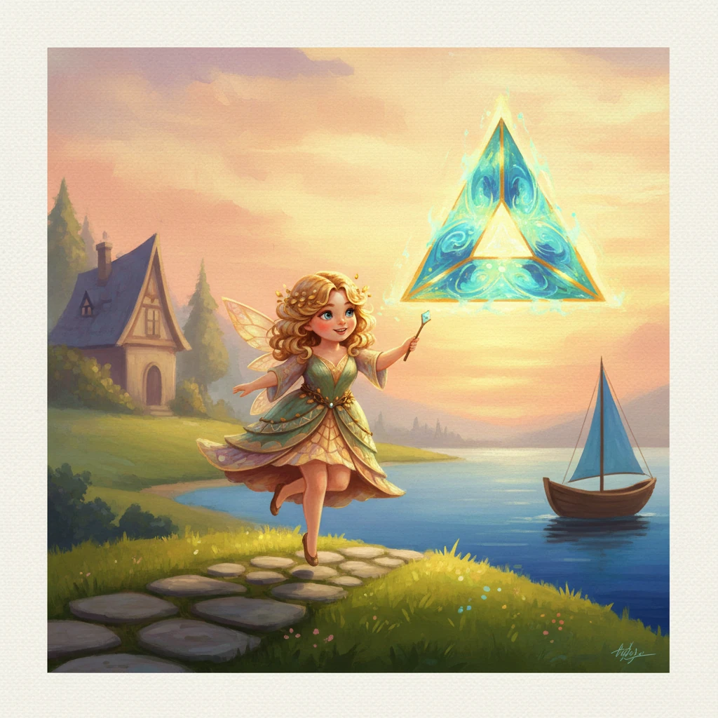 Saltellando con grazia, il Triangolo si fece avanti, la sua forma agile e puntuta. "Ho tre lati e tre angoli", disse con voce squillante. "Guardatemi bene, posso diventare il tetto appuntito di una casa o la vela di una barca che solca il mare blu."