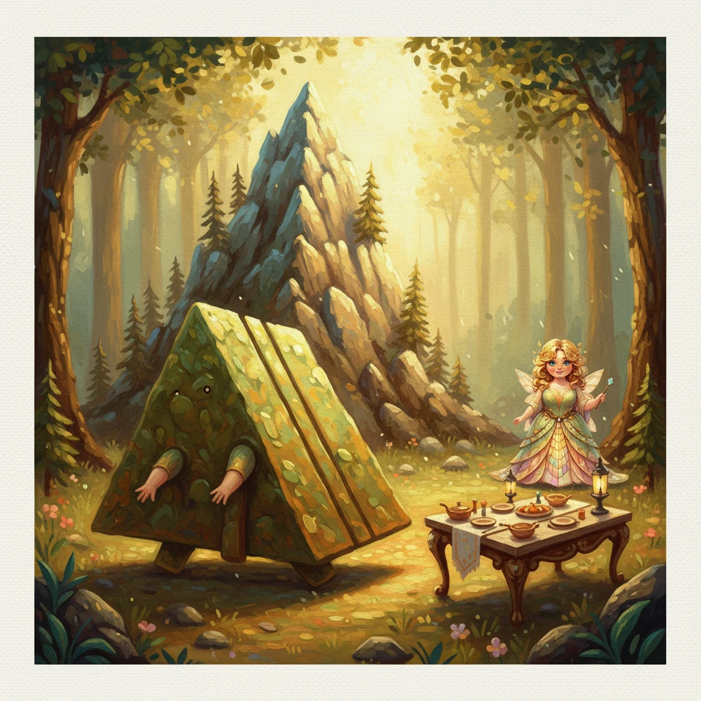 Scivolando piano, il Trapezio si fece avanti con una certa timidezza, ma con una forma unica. "Anch'io ho quattro lati", disse, "ma solo due dei miei lati non si incontrano mai, sono paralleli!". "Posso diventare una montagna imponente o un tavolo speciale per i vostri banchetti nel bosco!" aggiunse, mostrando la sua versatilità.