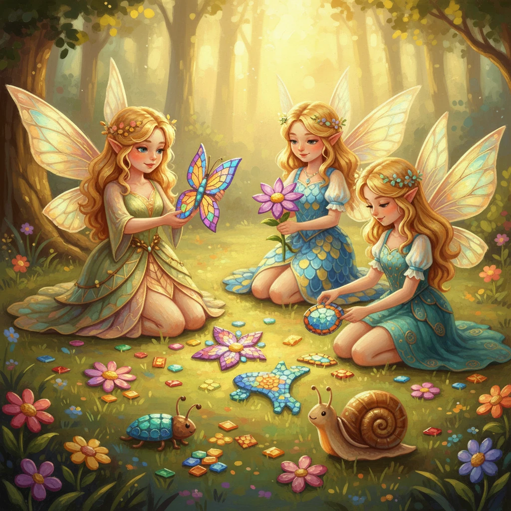 Con le piastrelline magiche ora tutte fuori dalla scatola, Serena e le sue amiche iniziarono a unirle con entusiasmo. Le loro piccole mani crearono fiori dai petali vivaci, farfalle dalle ali delicate e persino una chiocciolina del bosco, lenta e graziosa. Il prato si trasformò in un tappeto di creazioni colorate e fantasiose.
