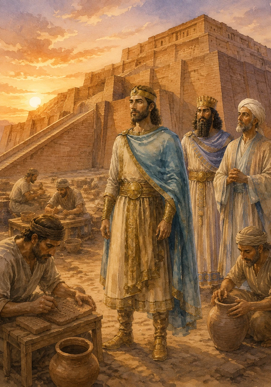 Cyrus stands before the ancient ziggurat of Chogha Zanbil, where the story of the Elamites began thousands of years ago. The sun sets over the massive brick walls, casting long shadows of early potters and scribes working with clay to record the first chapters of history.
