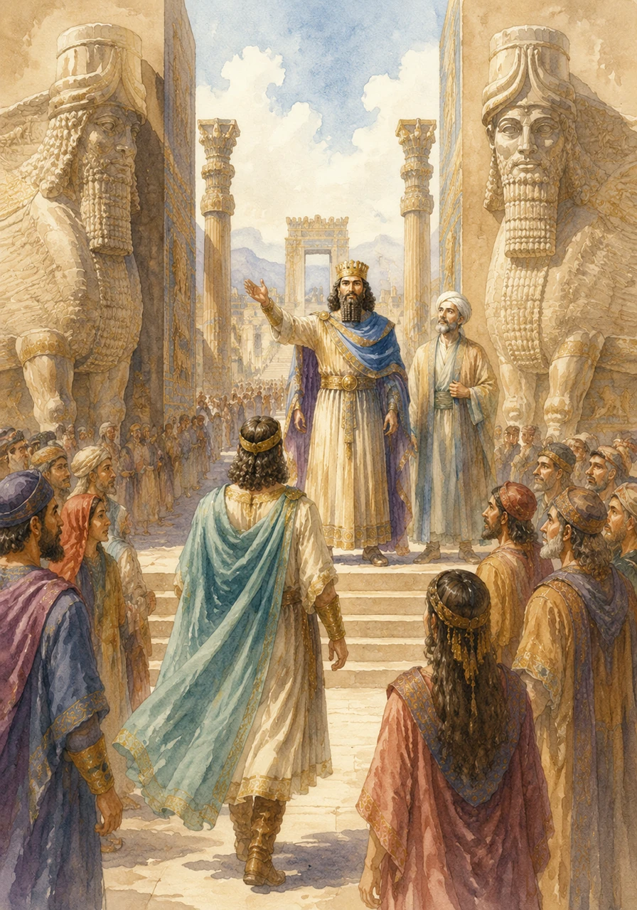 Cyrus walks through the majestic Gate of All Nations in Persepolis, greeted by towering stone bulls and the echoes of the Achaemenid Empire. King Cyrus the Great stands tall in the distance, declaring a message of freedom and peace to the diverse people of his vast and golden land.