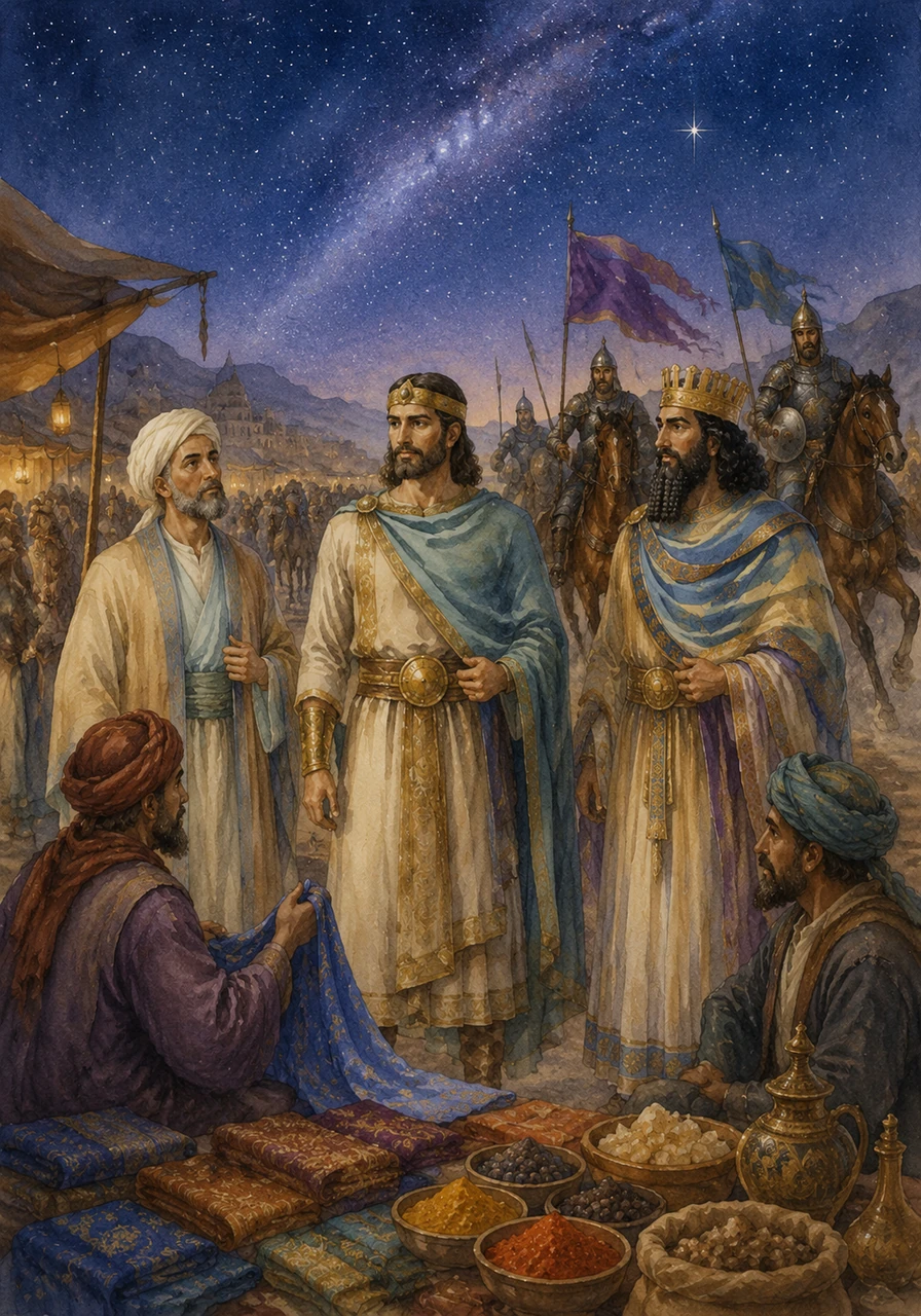 Under a canopy of desert stars, Cyrus joins a bustling caravan along the Silk Road where merchants trade shimmering silks and fragrant spices. Parthian and Sassanid knights gallop past on powerful horses, their banners fluttering as they protect the vital crossroads of the ancient world.