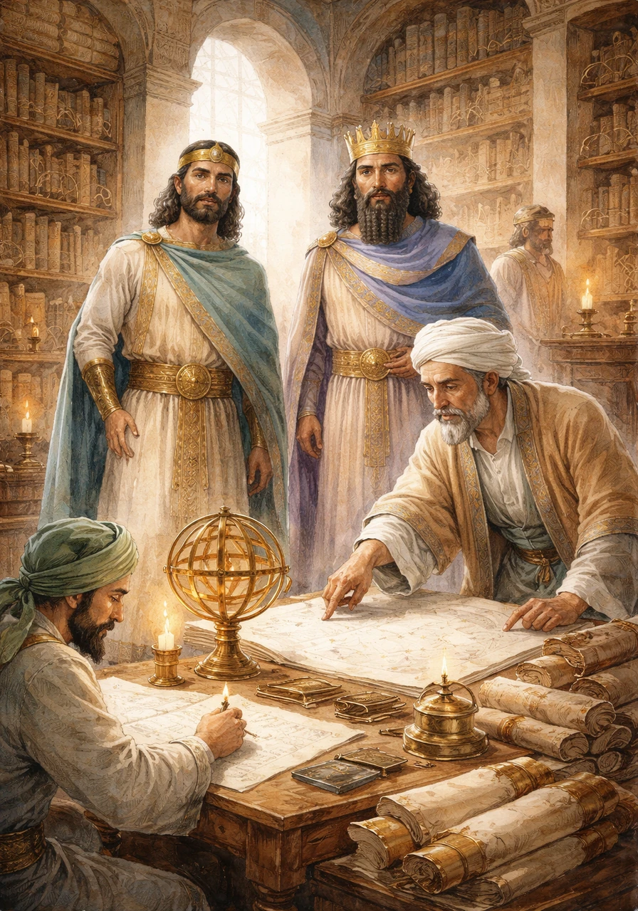 In a grand library filled with thousands of scrolls, Cyrus watches wise scholars like Avicenna calculate the movements of the stars. The air is thick with the scent of old parchment and the excitement of new discoveries in medicine and mathematics that would eventually change the world forever.