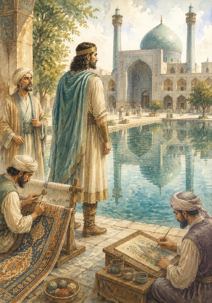 Cyrus gazes at the reflection of the magnificent Shah Mosque in a shimmering turquoise pool in the heart of Isfahan. Master craftsmen nearby weave intricate silk carpets and paint delicate miniatures, proving that beauty and art can flourish even after times of great struggle and change.