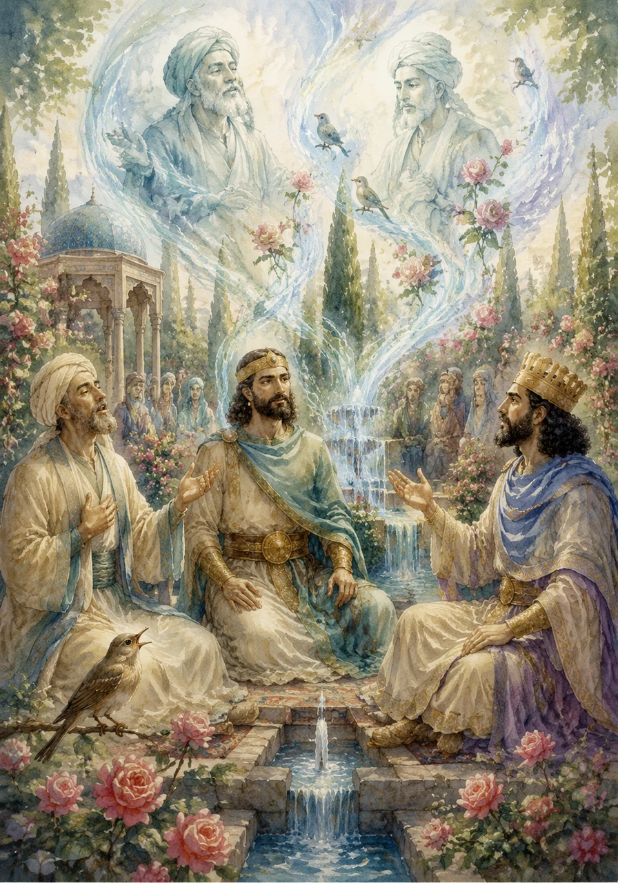 Cyrus listens to the melodic verses of poets like Hafez and Rumi in a lush Persian garden filled with blooming roses and singing nightingales. The power of their words flows like the water in the garden’s fountains, connecting the hearts of people across many centuries and languages.