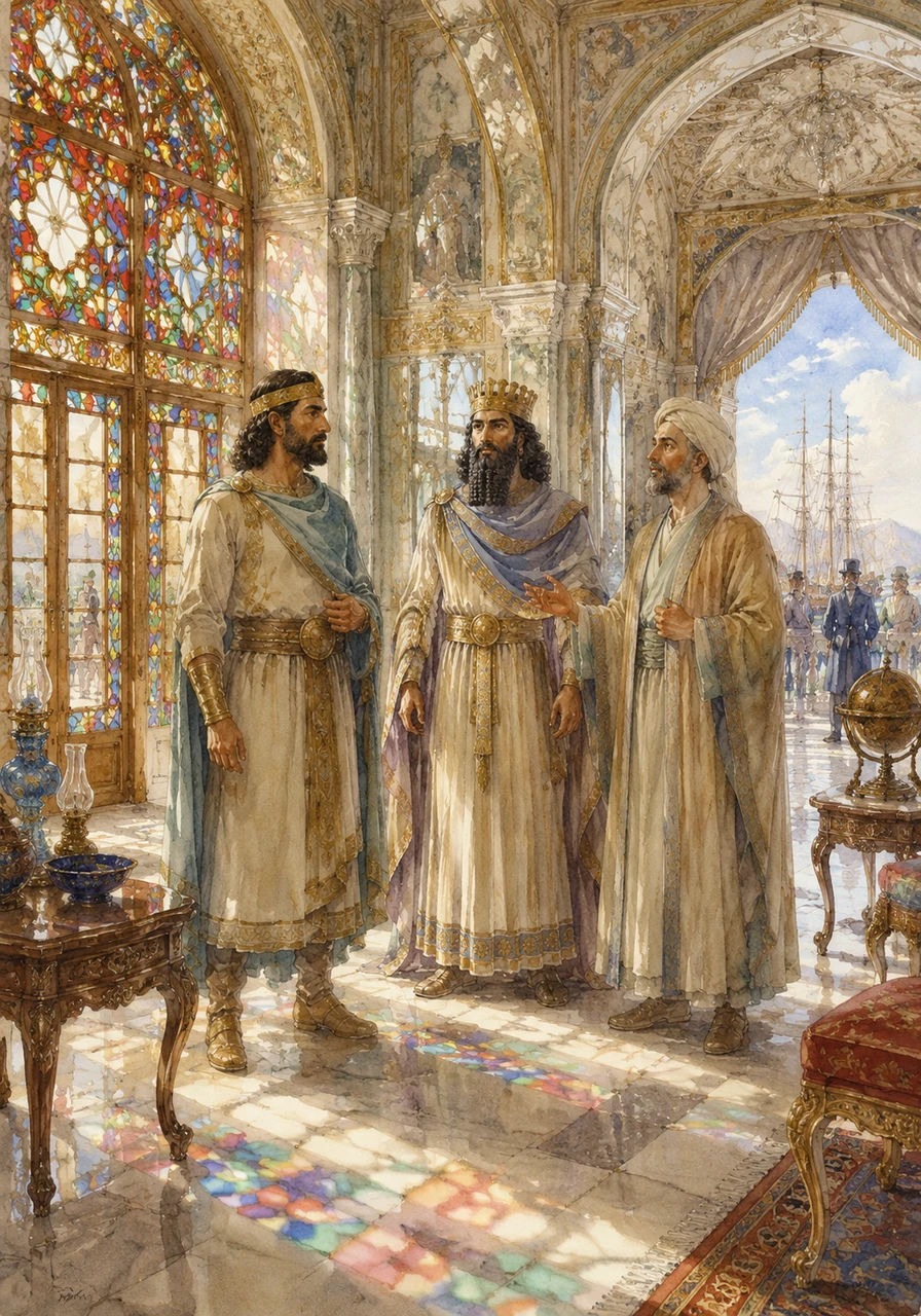 As the 19th century unfolds, Cyrus sees the blend of traditional Persian style with new ideas from across the seas in the grand Qajar palaces. Stained glass windows paint the marble floors in vibrant rainbows, reflecting a nation navigating the complexities of a rapidly changing modern world.