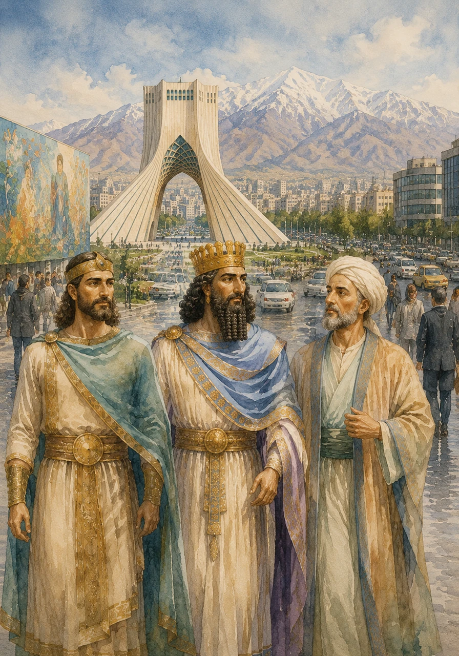 The bustling streets of modern Tehran come alive around Cyrus, with the iconic Azadi Tower standing as a symbol of the city's enduring strength. Cars hum and people hurry past the colorful murals, yet the ancient Alborz mountains still watch over the valley with silent, snow-capped wisdom.