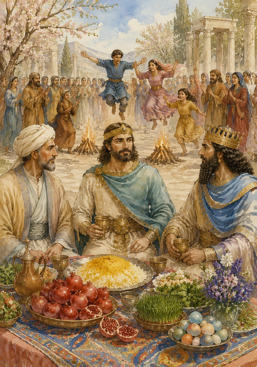 Cyrus sits at a colorful table spread with saffron rice, pomegranates, and fresh herbs to celebrate the ancient festival of Nowruz. Families gather to jump over small fires and welcome the arrival of spring, honoring traditions of rebirth that have survived for thousands of years.